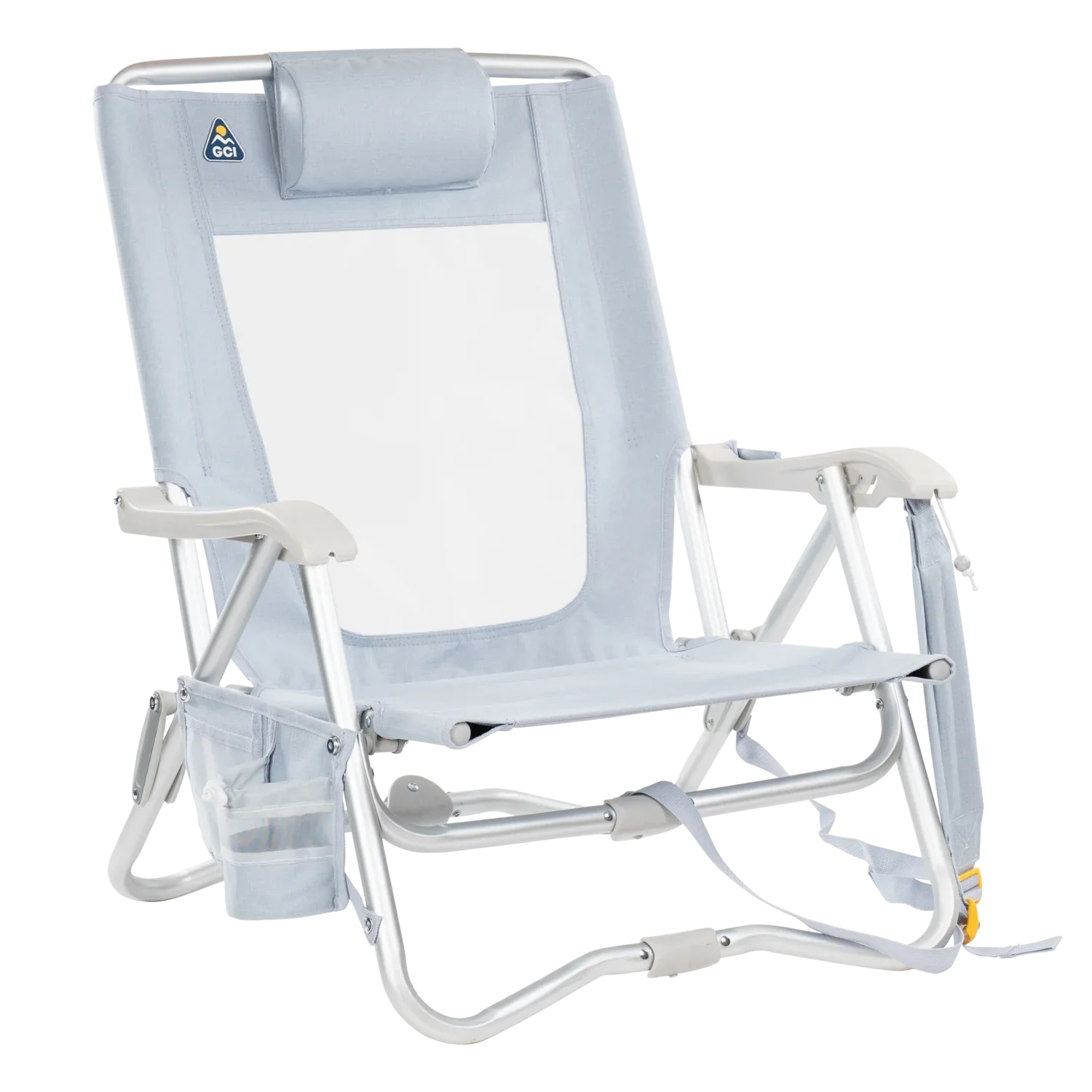 Front right angle of the SideKick lounger in heathered light blue.