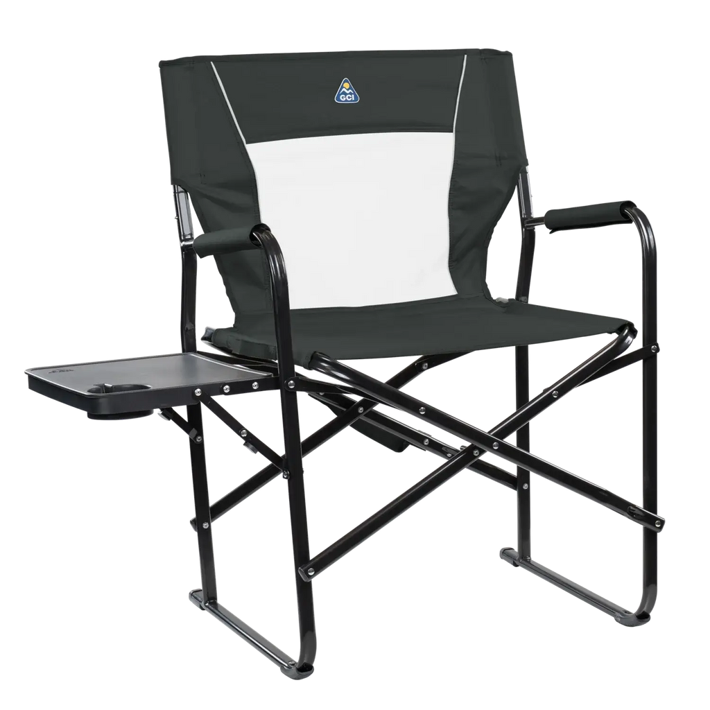 Slim Fold Director's Chair XL, Dark Charcoal, Front Right, Side Table Out