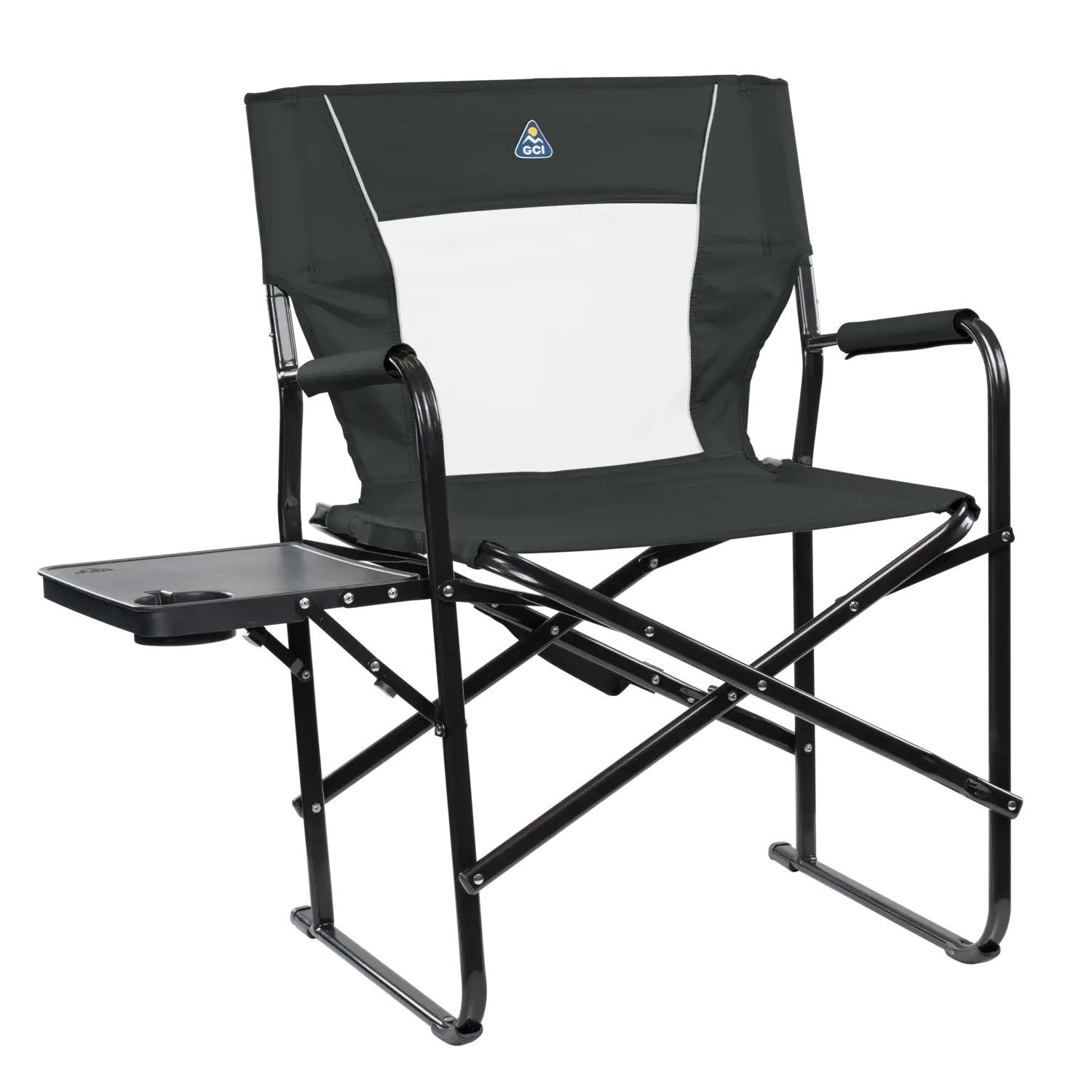 Slim Fold Director's Chair XL, Dark Charcoal, Front Right, Side Table Out