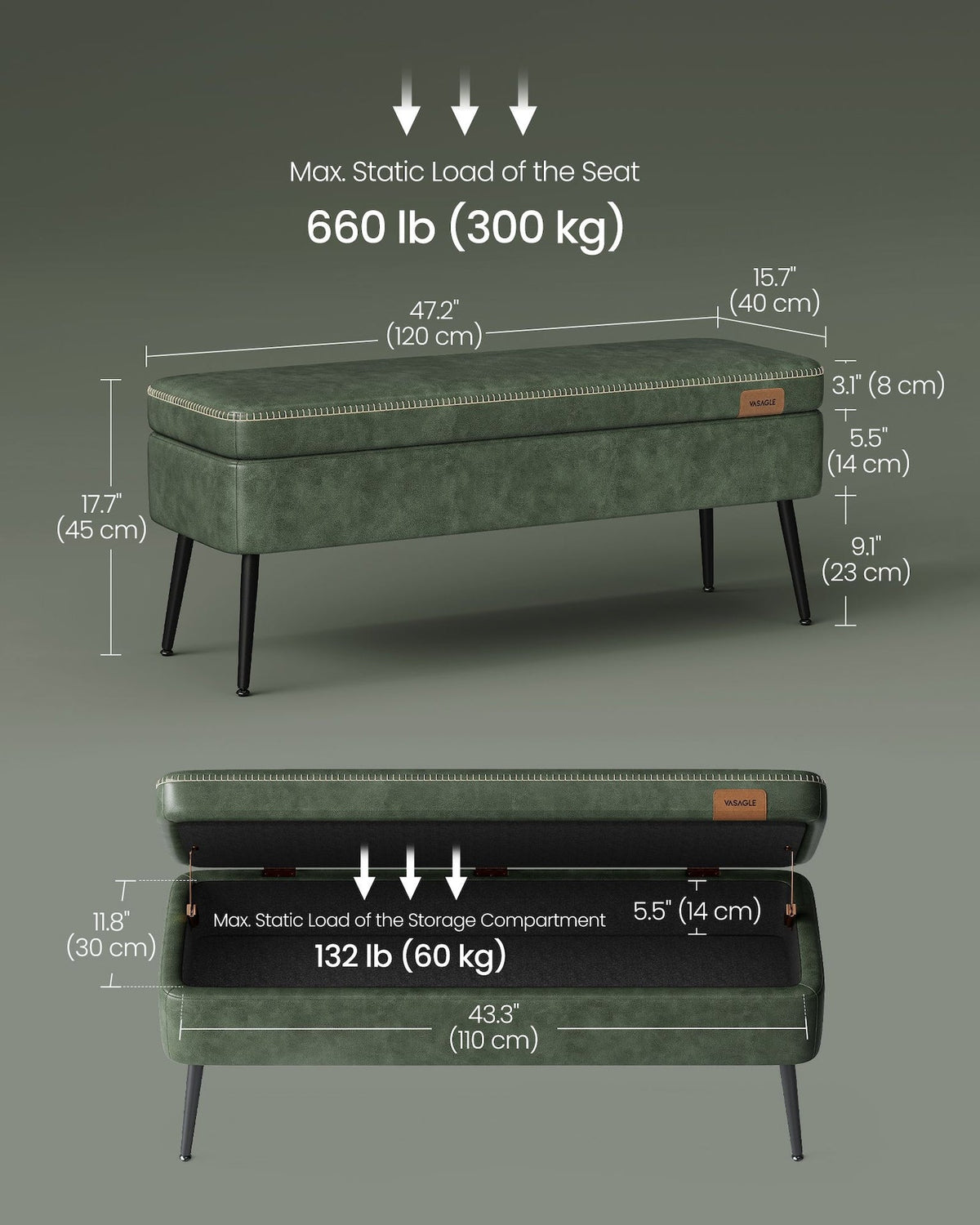 Songmics Home Modern Forest Green Ottoman Storage Bench