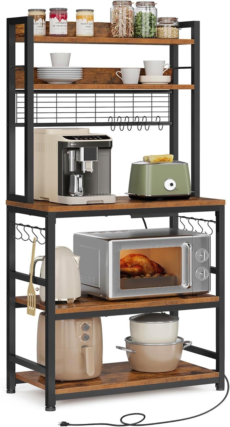 Songmics Home Rustic Brown Baker's Rack with Charging Station