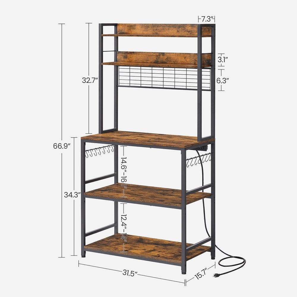 Songmics Home Rustic Brown Baker's Rack with Charging Station