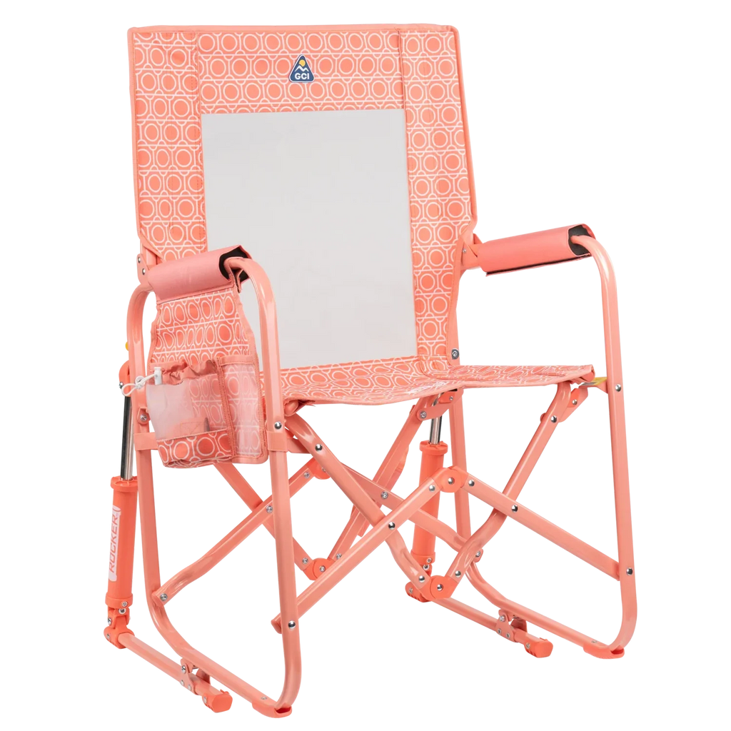 The front right side angle of the Coral Mosaic Stowaway Rocker.