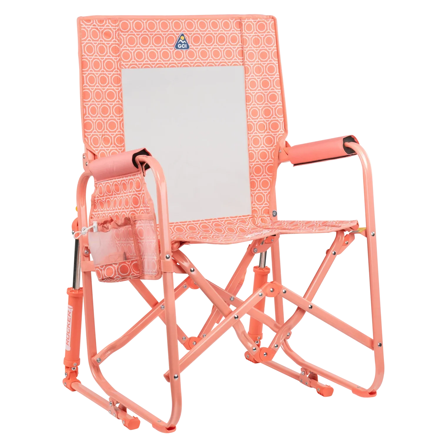 The front right side angle of the Coral Mosaic Stowaway Rocker.