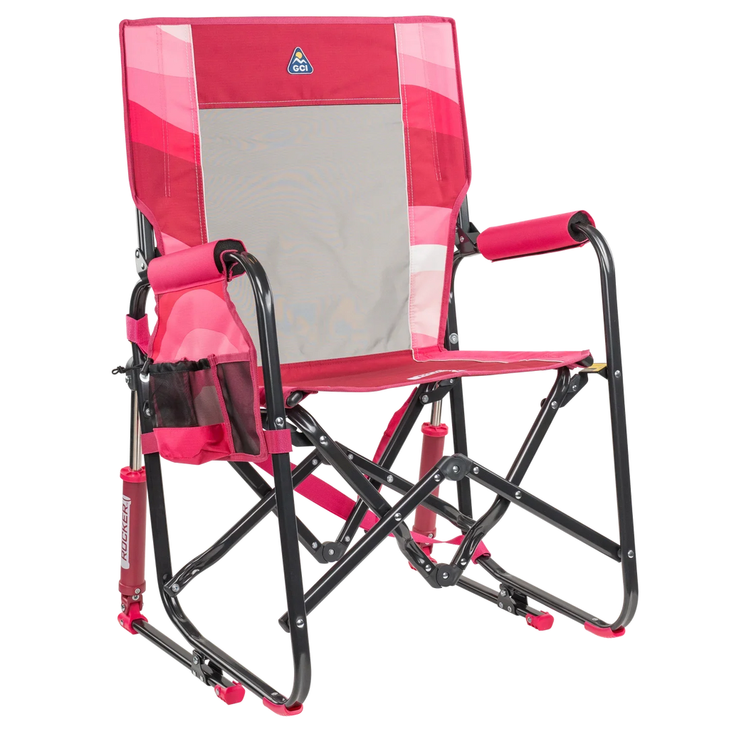 Front right view of the pink flame waves Stowaway Rocker.