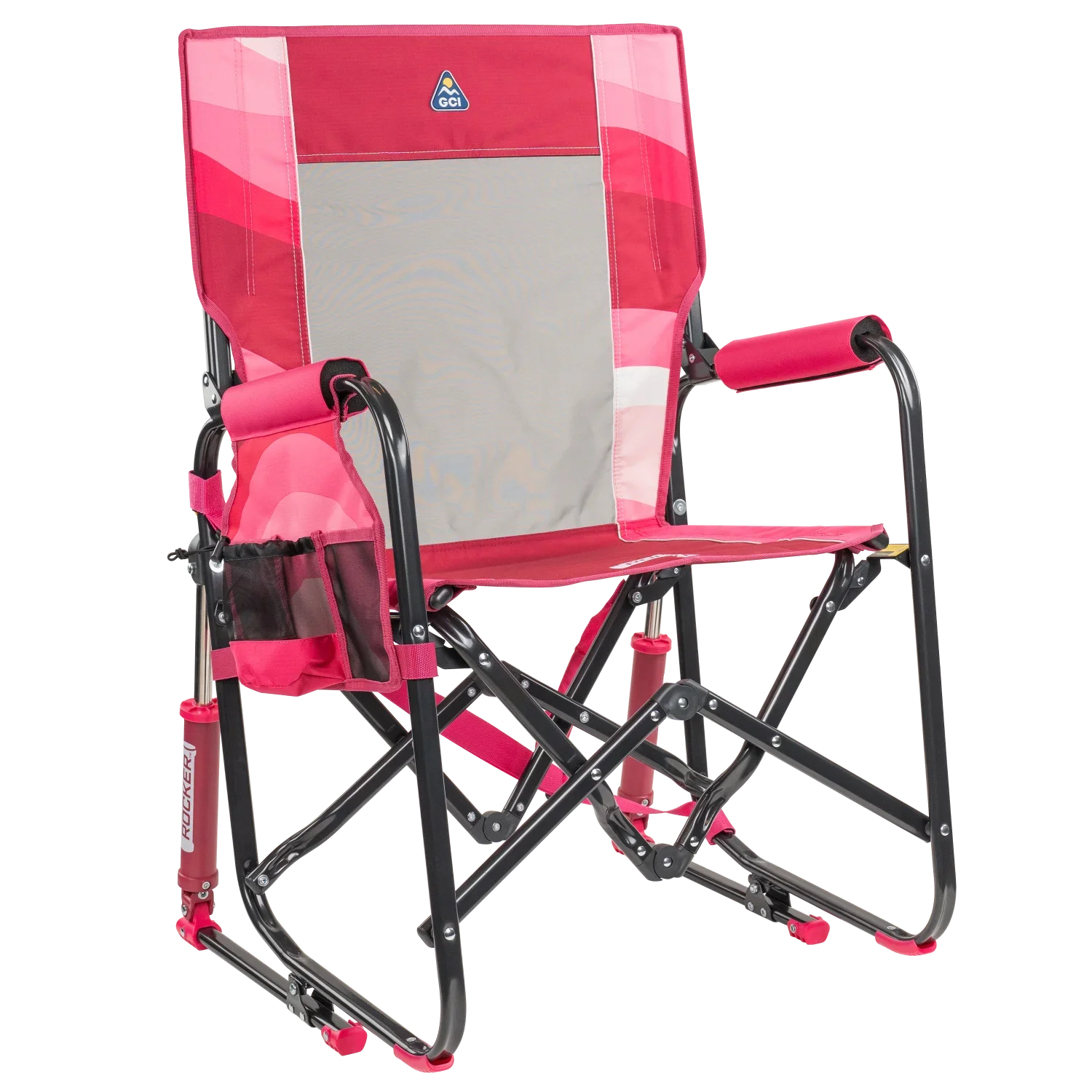 Front right view of the pink flame waves Stowaway Rocker.