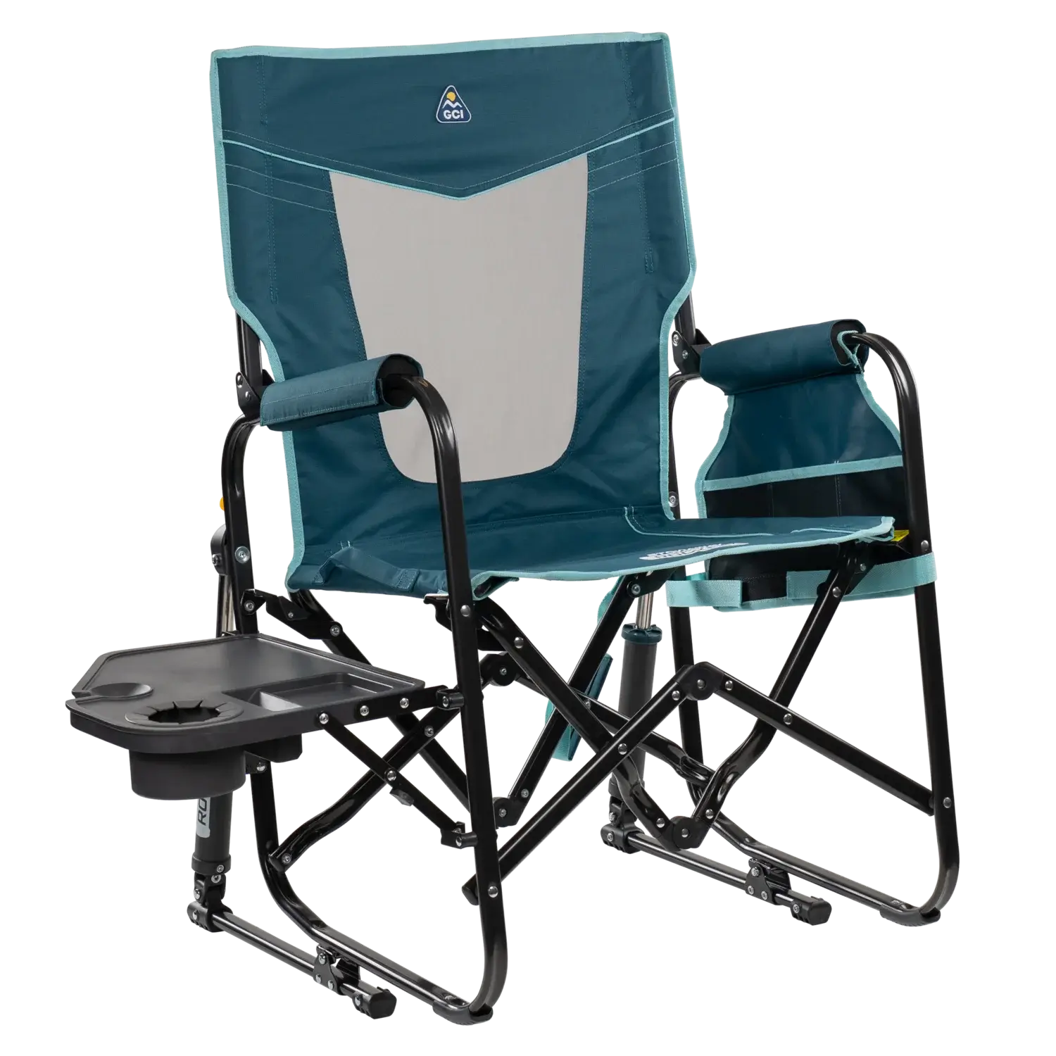 Stowaway Rocker with Side Table, Teal, Front Right, Side Table Out