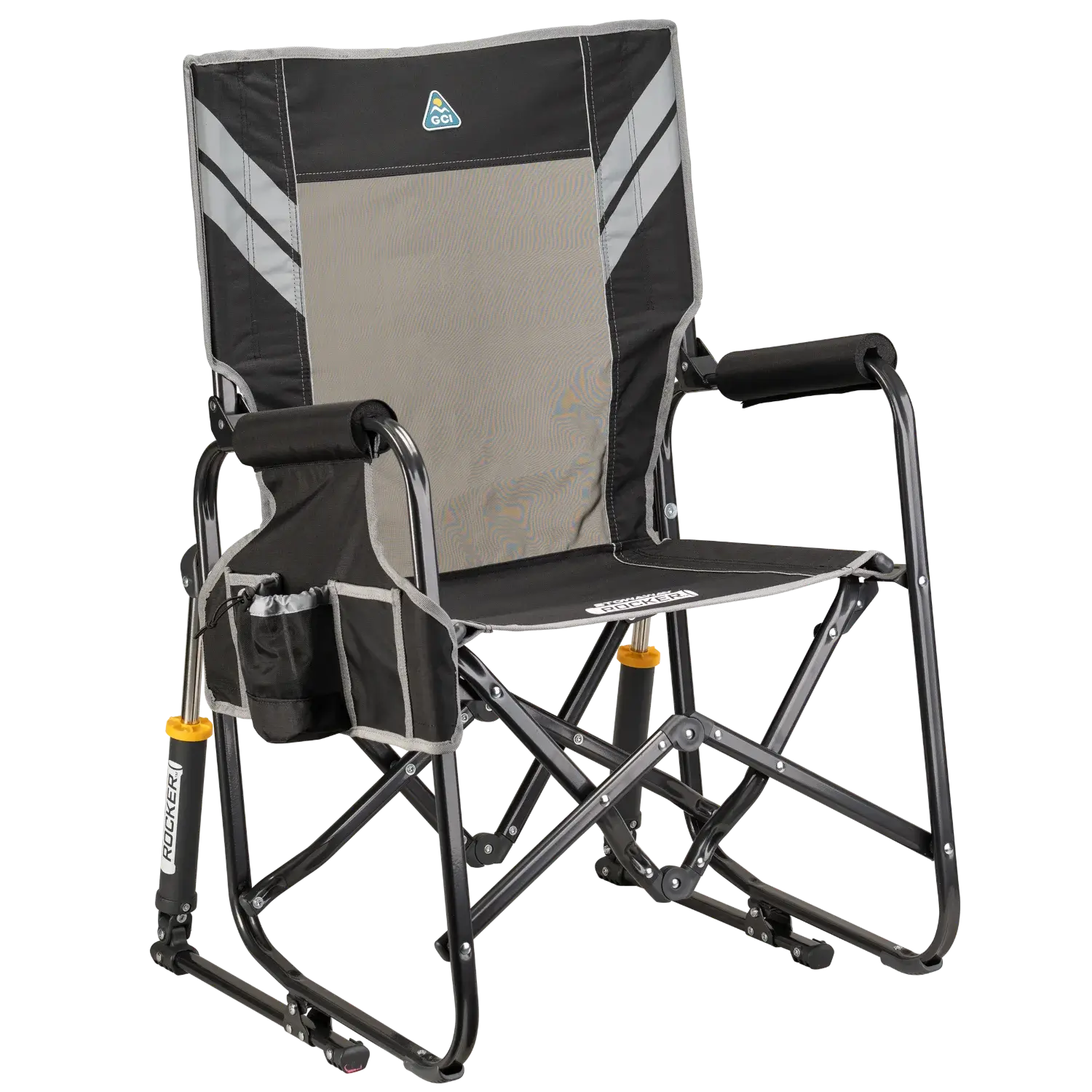 Front right view of the varsity black Stowaway Rocker.