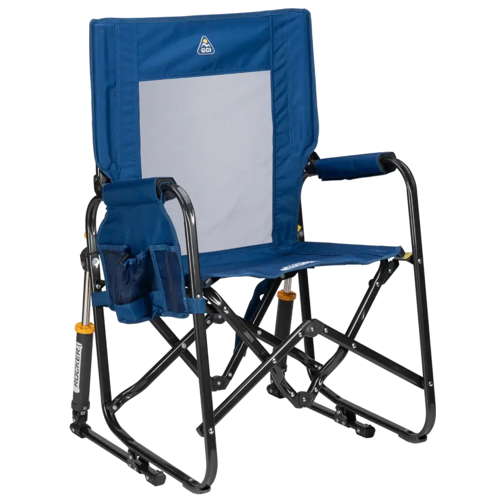 The front right side angle of the Soft Navy Stowaway Rocker. 