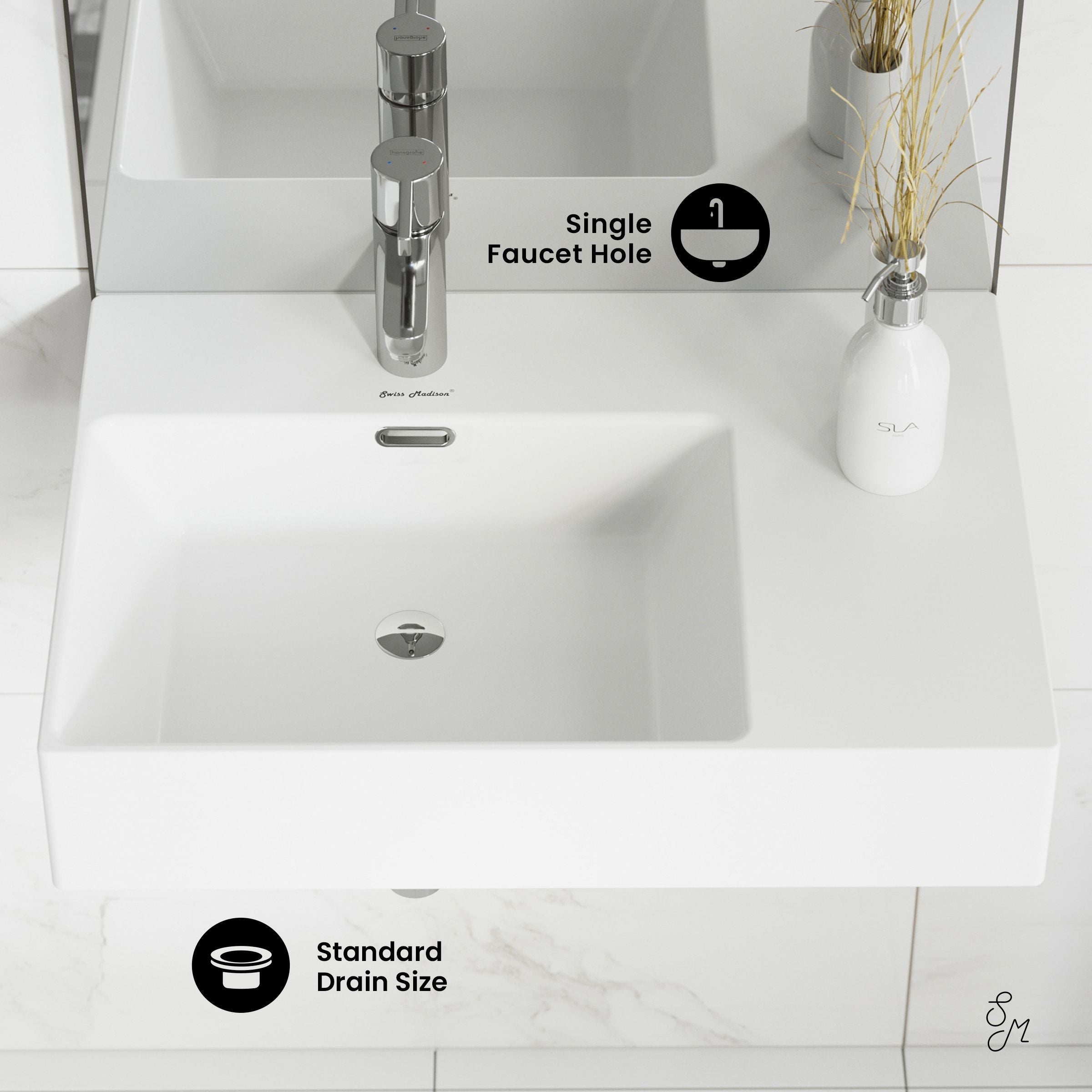 Swiss Madison St. Tropez Ceramic Wall Hung Sink with Left Side Faucet Mount, 24-in x 18-in