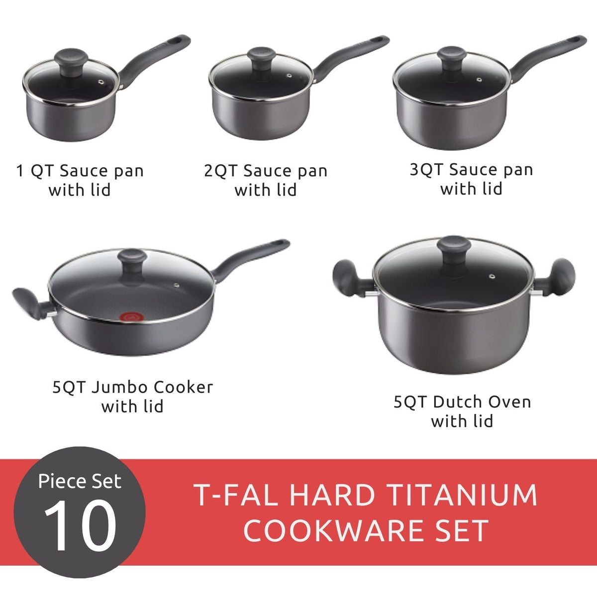 T-fal Hard Titanium Cookware Set, Non-stick, Dishwasher & Oven Safe, Grey, 10-pc