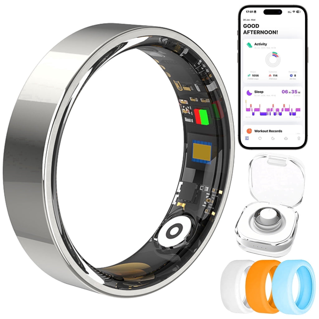 &amp; Fitness Tracking Ring, 7-Day Battery, Heart Rate Sleep Monitor, No Subscription, IP68 Waterproof, Stainless Steel - Size 7, Black