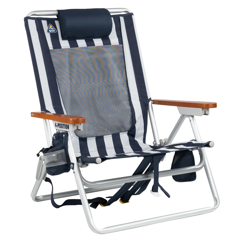 Front right angle of the TidalDrift lounger in indigo stripes.