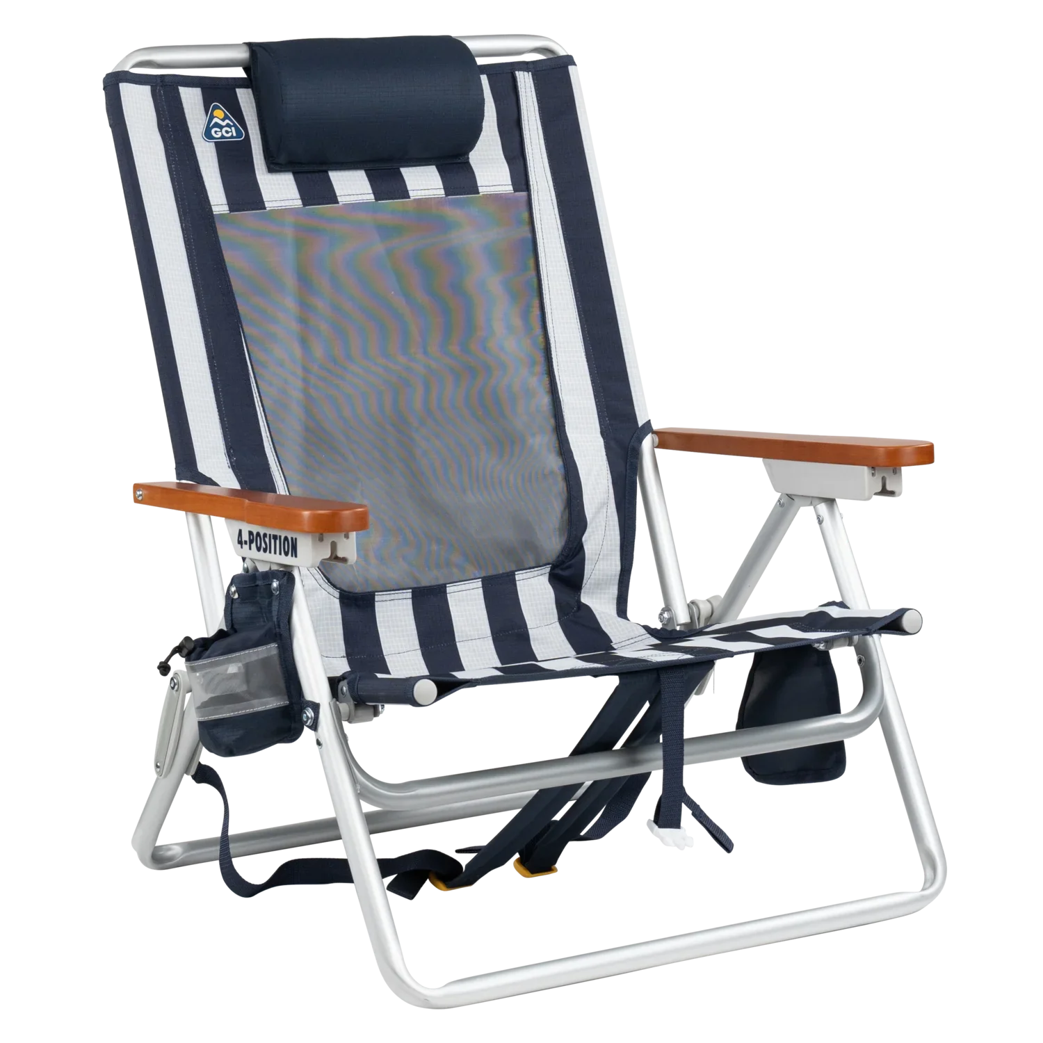 Front right angle of the TidalDrift lounger in indigo stripes.