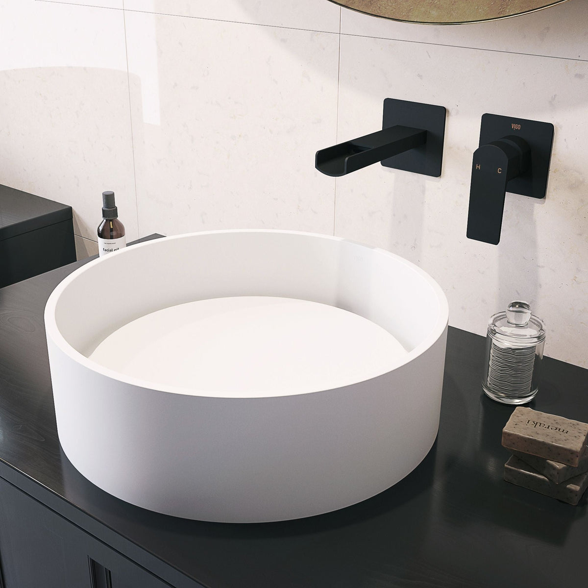 VIGO Anvil Matte Stone Round Composite Vessel Bathroom Sink/Basin with Deep Bowl, White