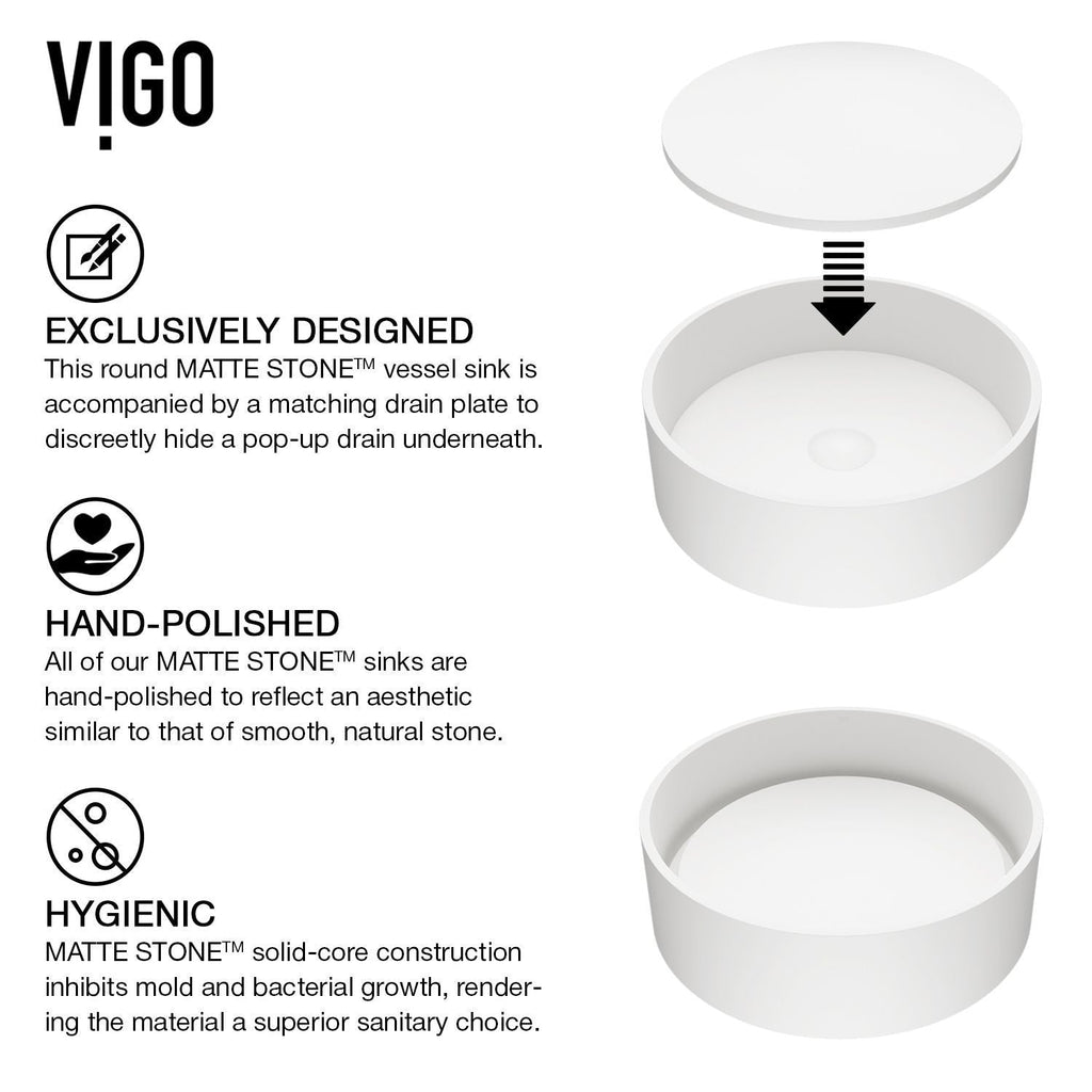 VIGO Anvil MatteStone Round White Composite Bathroom Sink/Basin Set with Cass Wall Mount Faucet and Pop-Up Drain