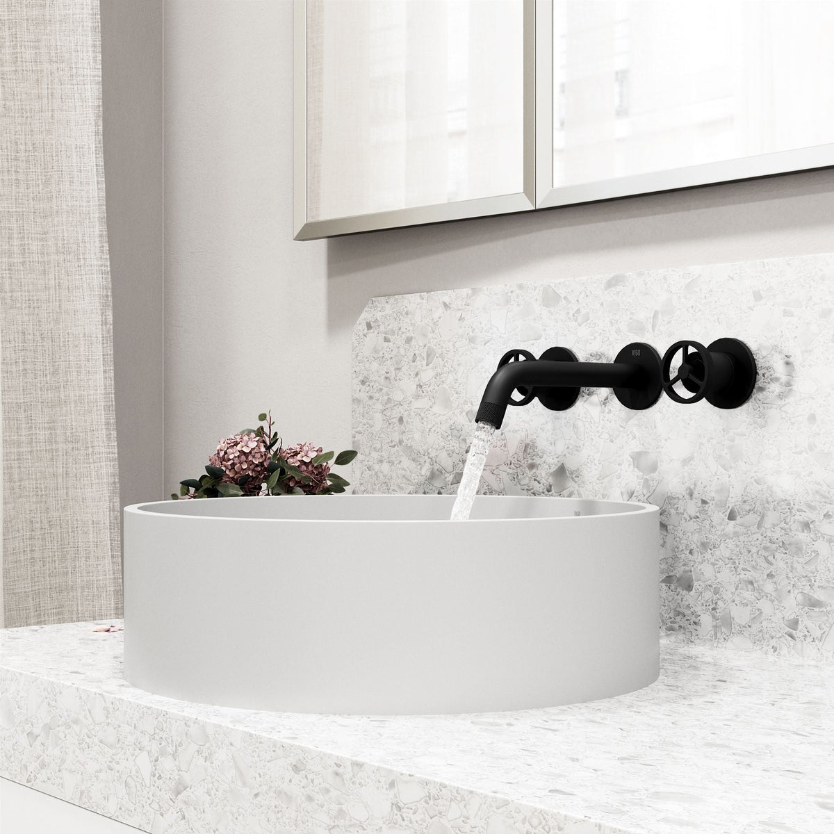 VIGO Anvil MatteStone Round White Composite Bathroom Sink/Basin Set with Cass Wall Mount Faucet and Pop-Up Drain