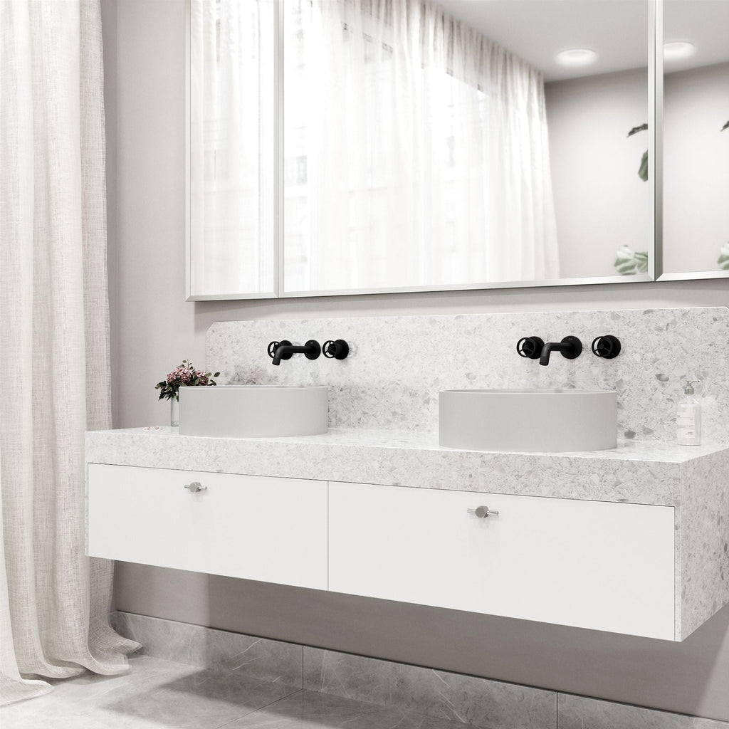 VIGO Anvil MatteStone Round White Composite Bathroom Sink/Basin Set with Cass Wall Mount Faucet and Pop-Up Drain