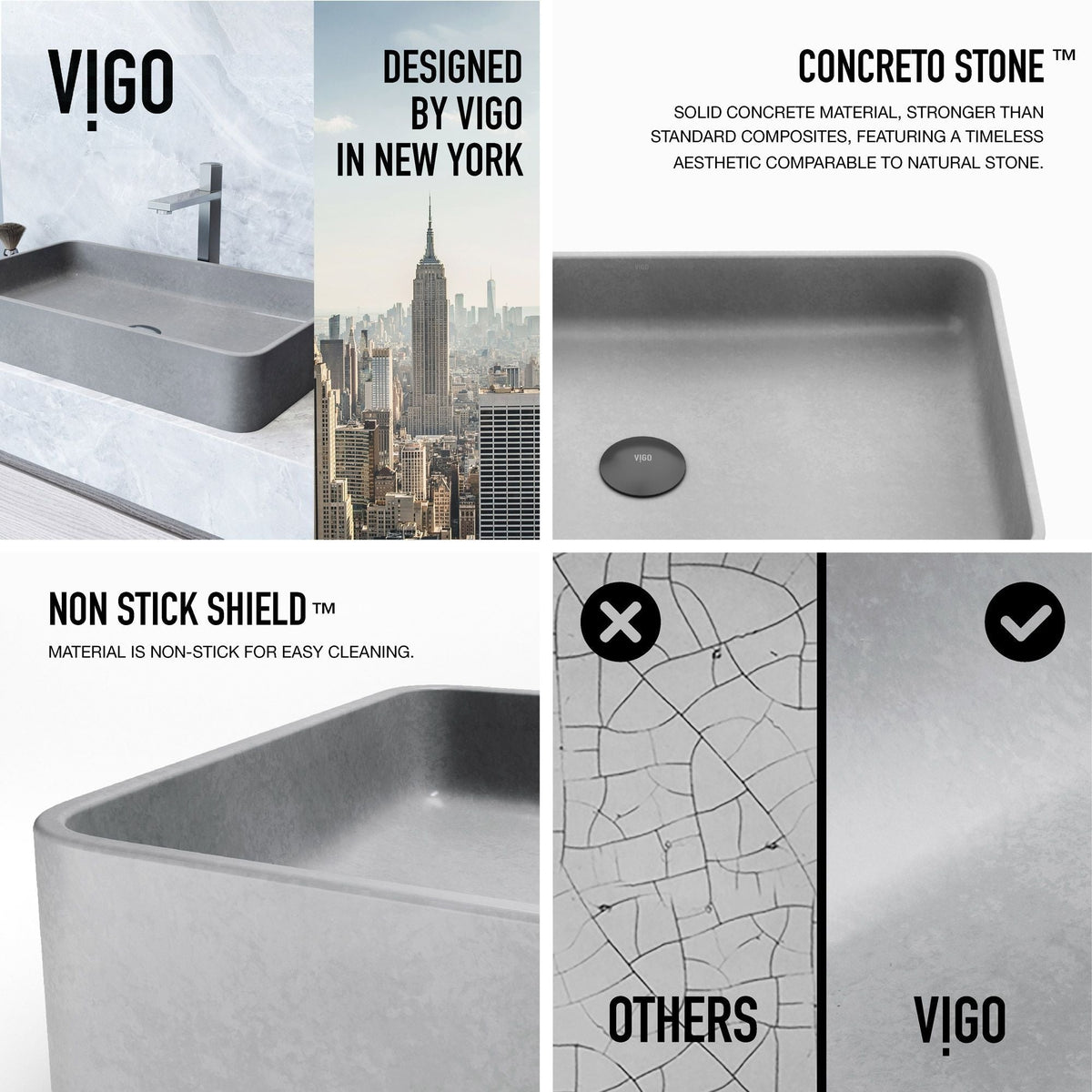 VIGO Basilica Gothic ConcretoStone 23x14-in Deep Grey Bathroom Sink/Basin with Rectangular Vessel