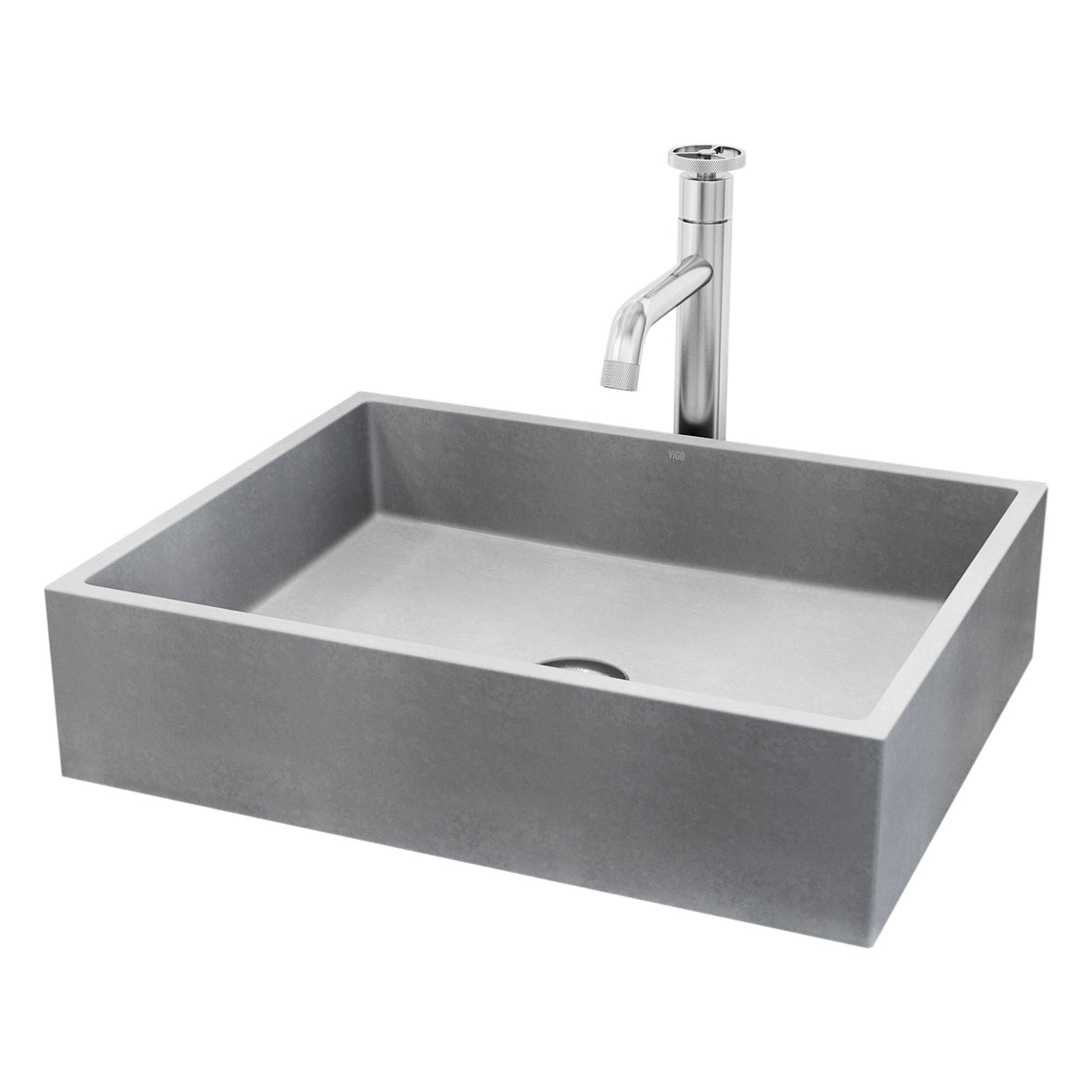 VIGO Coca Gothic ConcretoStone Grey Bathroom Sink/Basin Set with Cass Faucet and Rectangular Vessel