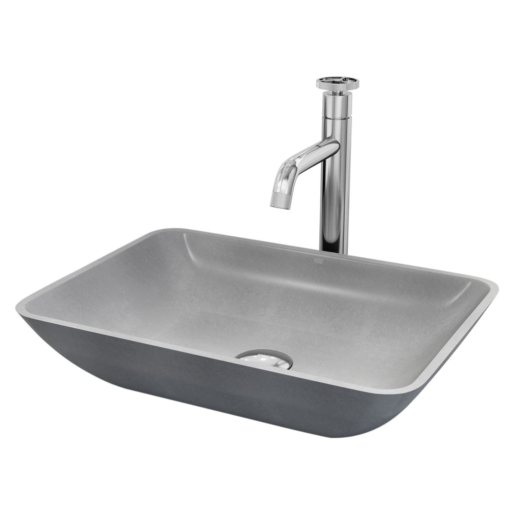 VIGO Duomo Gothic ConcretoStone Grey Bathroom Sink/Basin Set with Cass Faucet and Rectangular Vessel