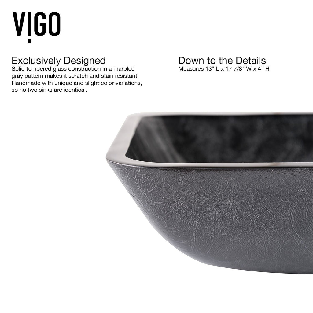 VIGO Glass Grey Onyx Bathroom Sink/Basin Set with Lexington Faucet and Rectangular Vessel