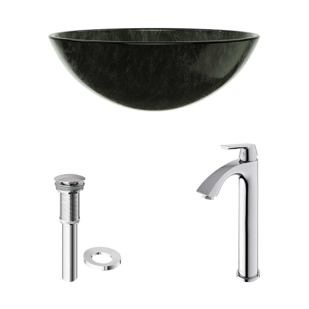 VIGO Glass Grey Onyx Bathroom Sink/Basin Set with Linus Faucet and Round Vessel