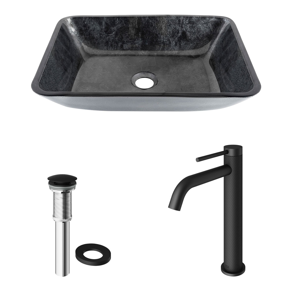 VIGO Glass Grey Onyx Bathroom Sink/Basin Set with Matte Black Lexington Faucet and Rectangular Vessel