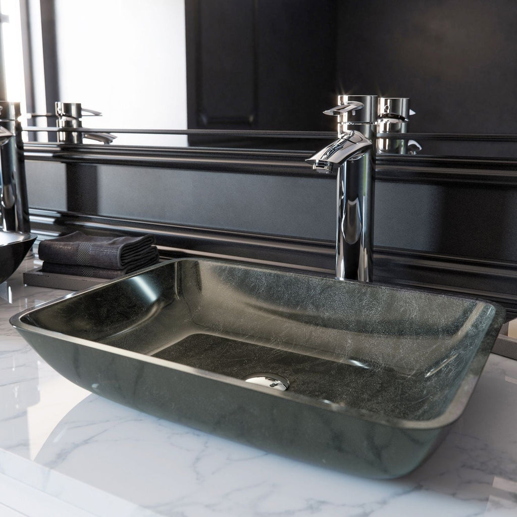 VIGO Glass Rectangular Vessel Bathroom Sink/Basin, Grey Onyx