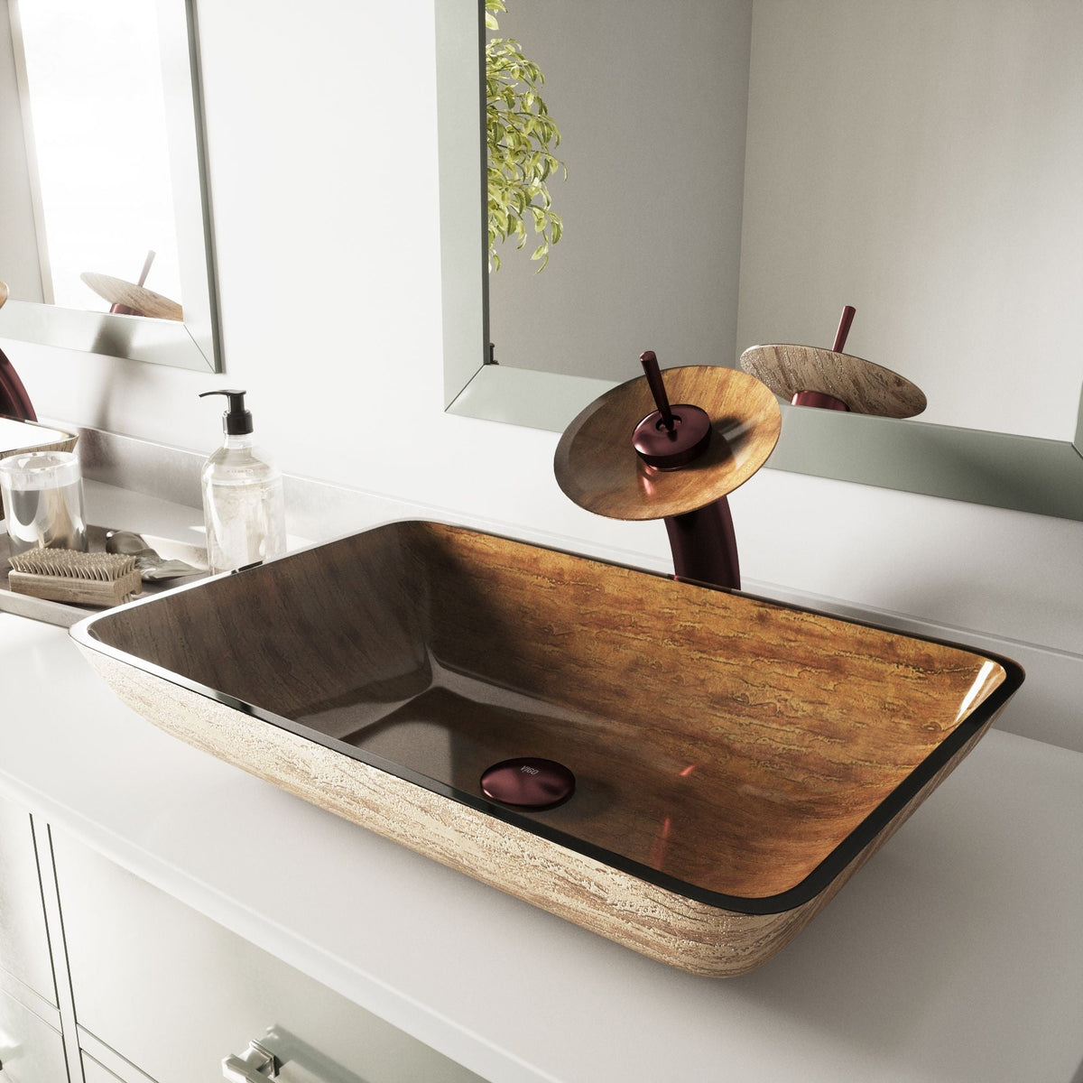 VIGO Glass Rectangular Vessel Bathroom Sink/Basin with Rounded Edges & Deep Bowl, Amber Sunset