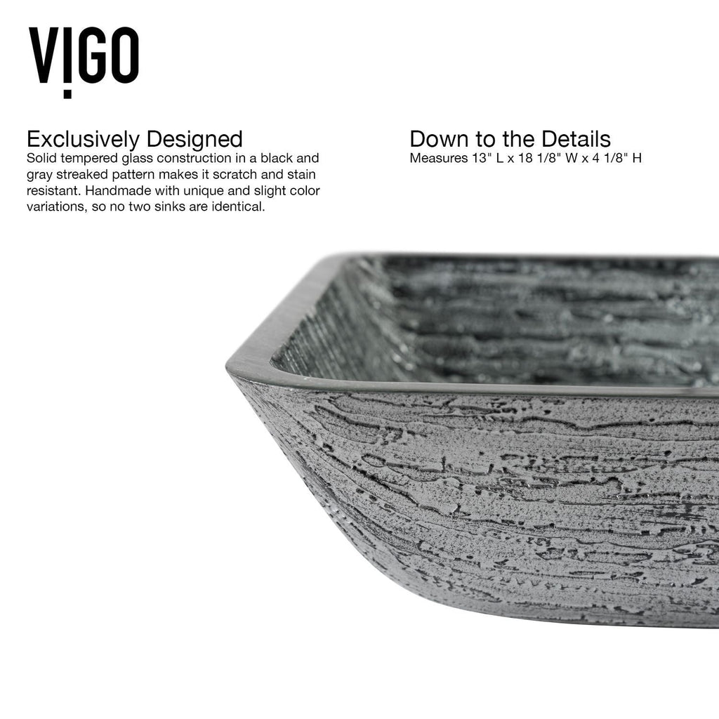 VIGO Glass Rectangular Vessel Bathroom Sink/Basin with Rounded Edges & Deep Bowl, Titanium