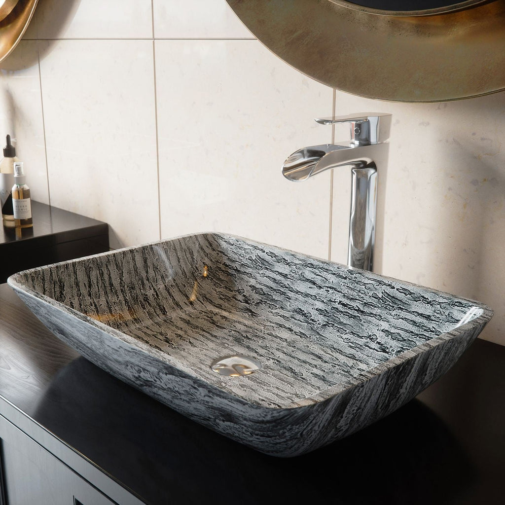 VIGO Glass Rectangular Vessel Bathroom Sink/Basin with Rounded Edges & Deep Bowl, Titanium