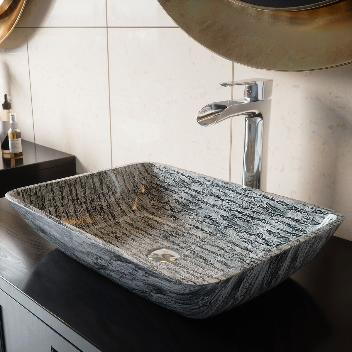 VIGO Glass Rectangular Vessel Bathroom Sink/Basin with Rounded Edges & Deep Bowl, Titanium