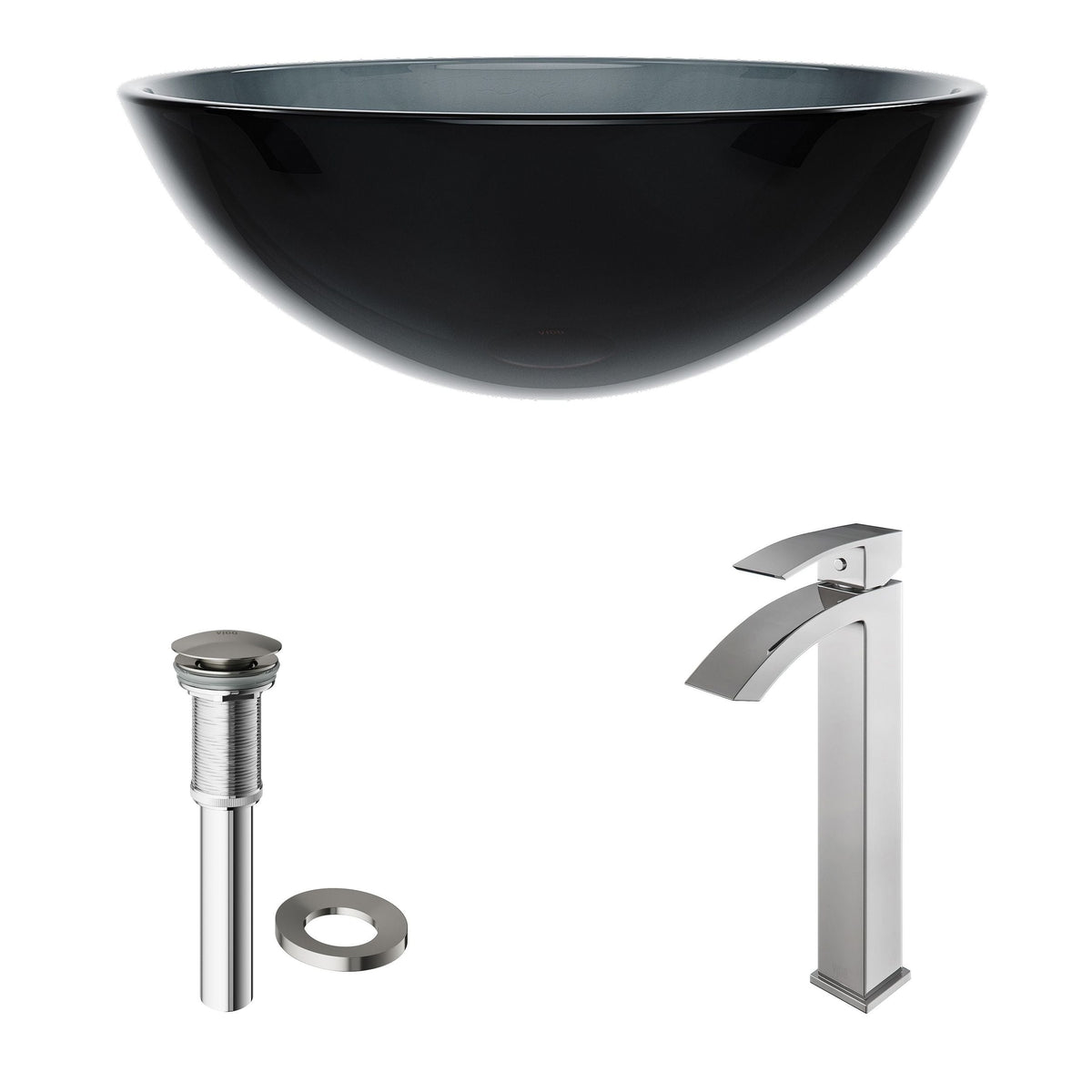 VIGO Glass Sheer Black Bathroom Sink/Basin Set with Duris Faucet and Round Vessel