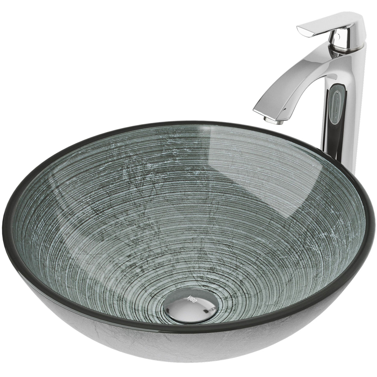 VIGO Glass Simply Silver Bathroom Sink/Basin Set with Linus Faucet and Round Vessel