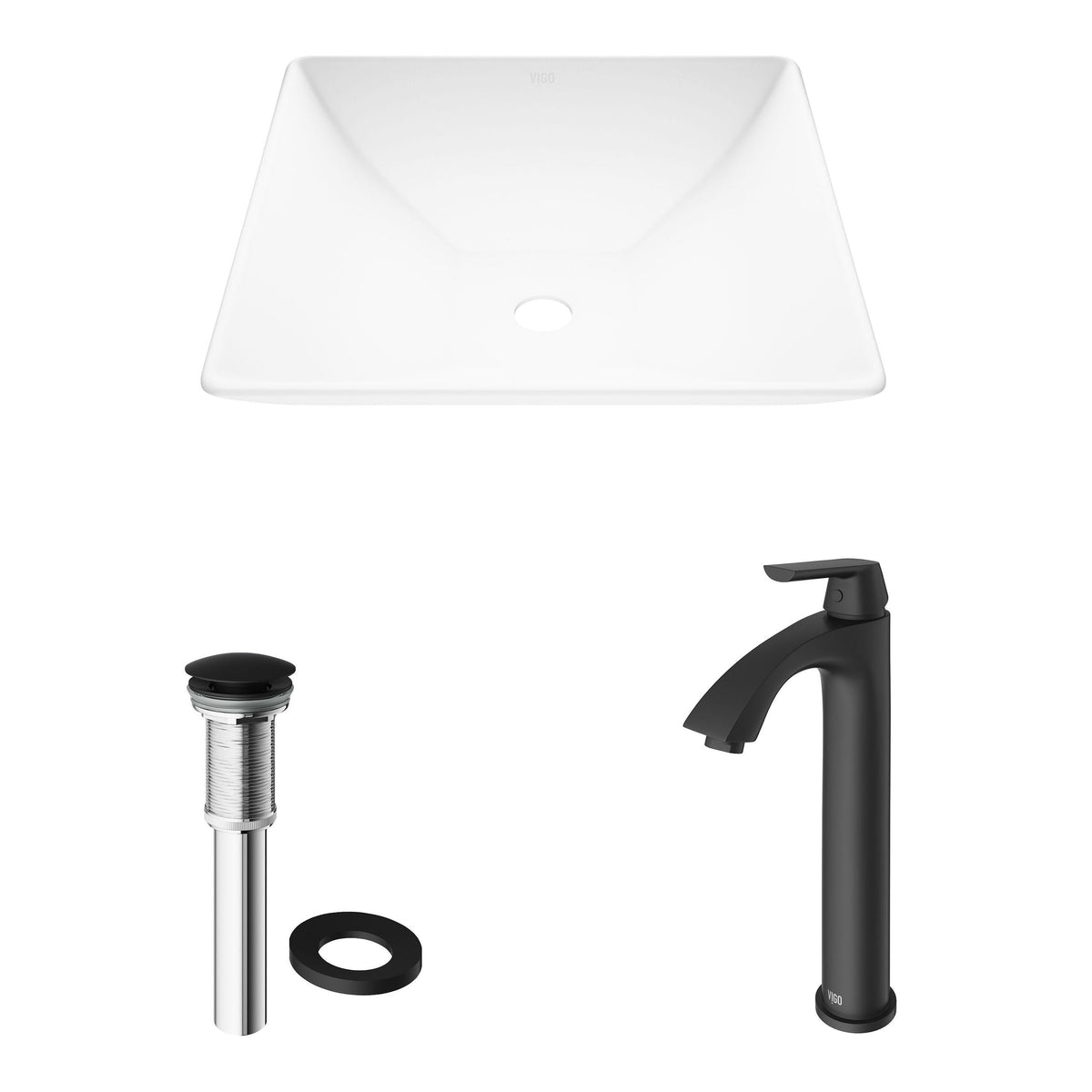 VIGO Hibiscus MatteStone White Bathroom Sink/Basin Set with Linus Faucet and Square Composite Vessel