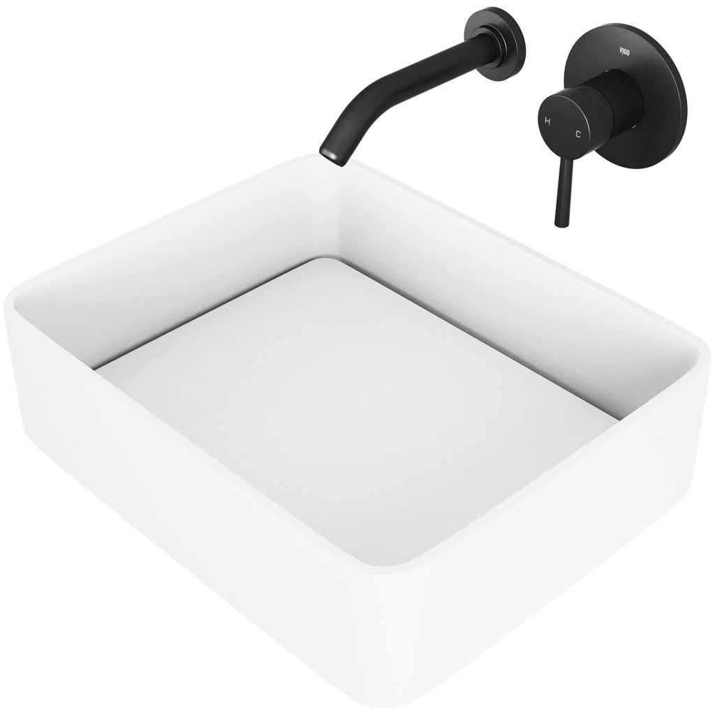 VIGO Jasmine MatteStone White Bathroom Sink/Basin Set with Olus Wall Mount Faucet and Rectangular Composite Vessel