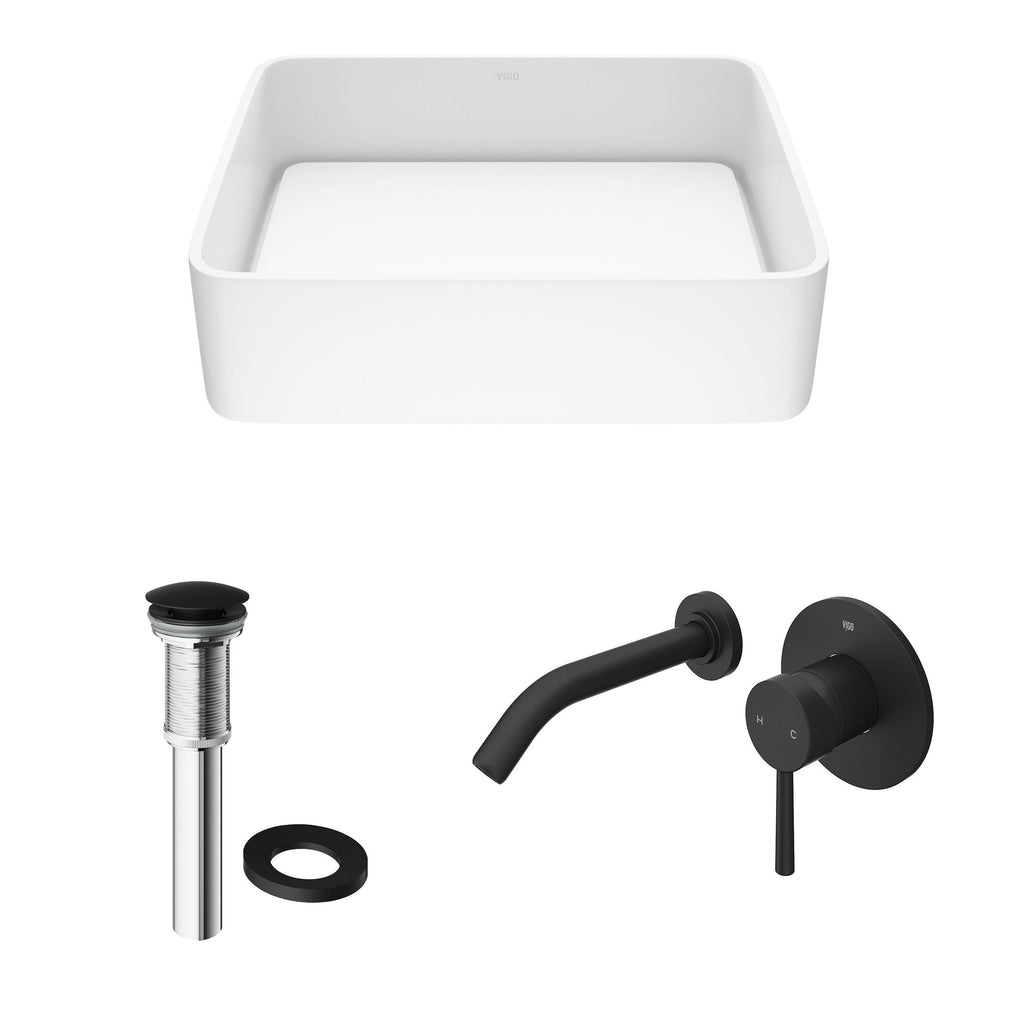 VIGO Jasmine MatteStone White Bathroom Sink/Basin Set with Olus Wall Mount Faucet and Rectangular Composite Vessel