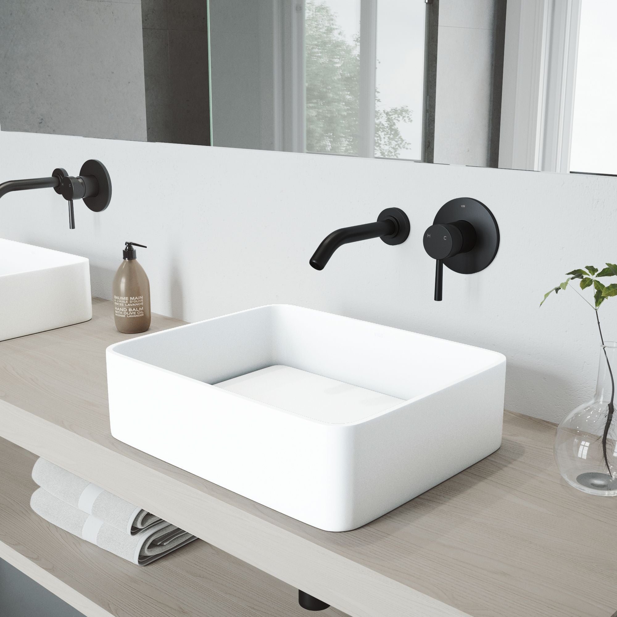 VIGO Jasmine MatteStone White Bathroom Sink/Basin Set with Olus Wall Mount Faucet and Rectangular Composite Vessel