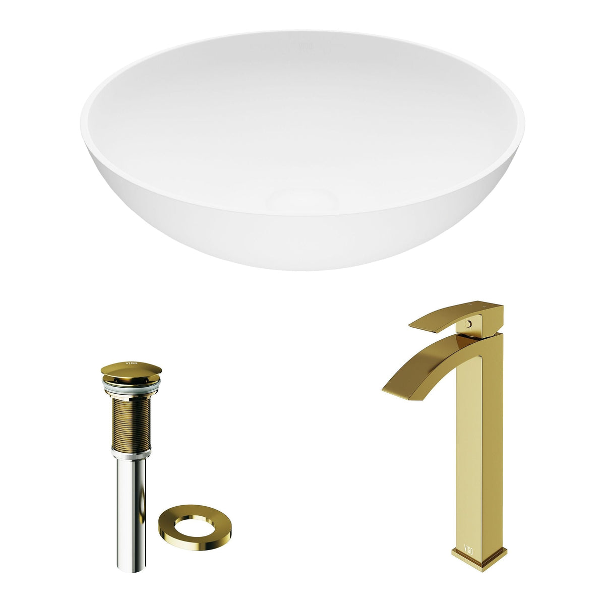 VIGO Lotus MatteStone Round White Composite Bathroom Sink/Basin Set with Duris Faucet and Pop-Up Drain