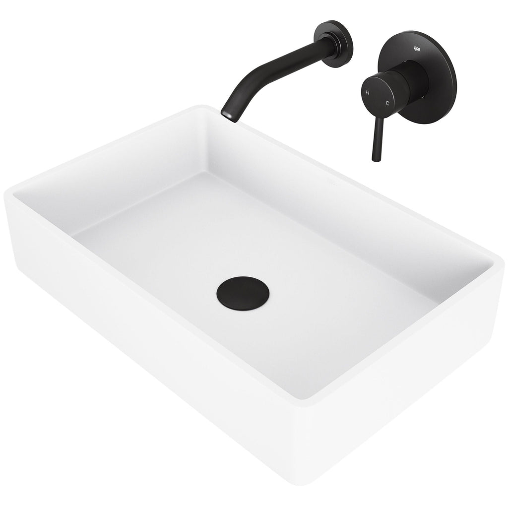 VIGO Magnolia MatteStone White Bathroom Sink/Basin Set with Olus Wall Mount Faucet and Rectangular Composite Vessel
