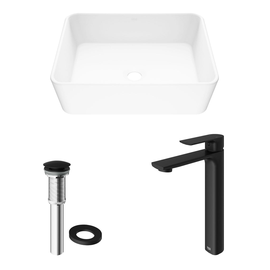 VIGO Marigold MatteStone Matte White Bathroom Sink/Basin Set with Norfolk Faucet and Rectangular Composite Vessel