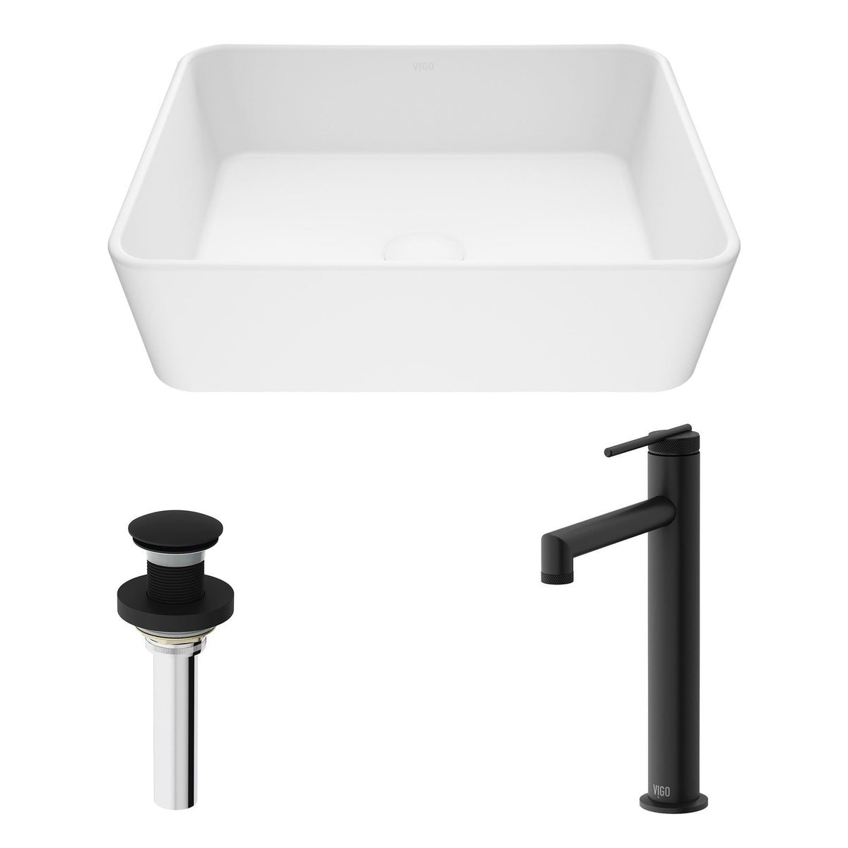 VIGO Marigold MatteStone Matte White Bathroom Sink/Basin Set with Sterling Faucet and Rectangular Composite Vessel