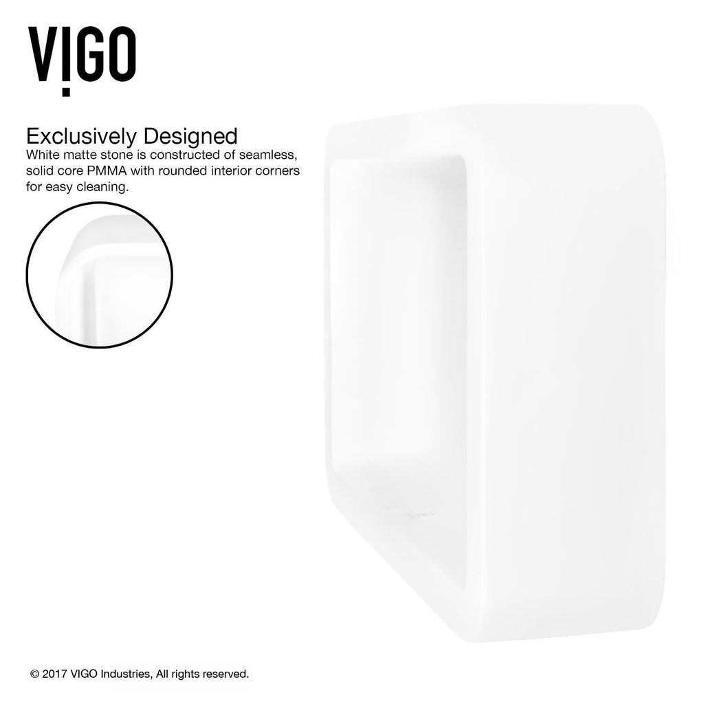 VIGO Petunia Matte Stone Rectangular Composite Vessel Bathroom Sink/Basin with Rounded Edges & Deep Bowl, White