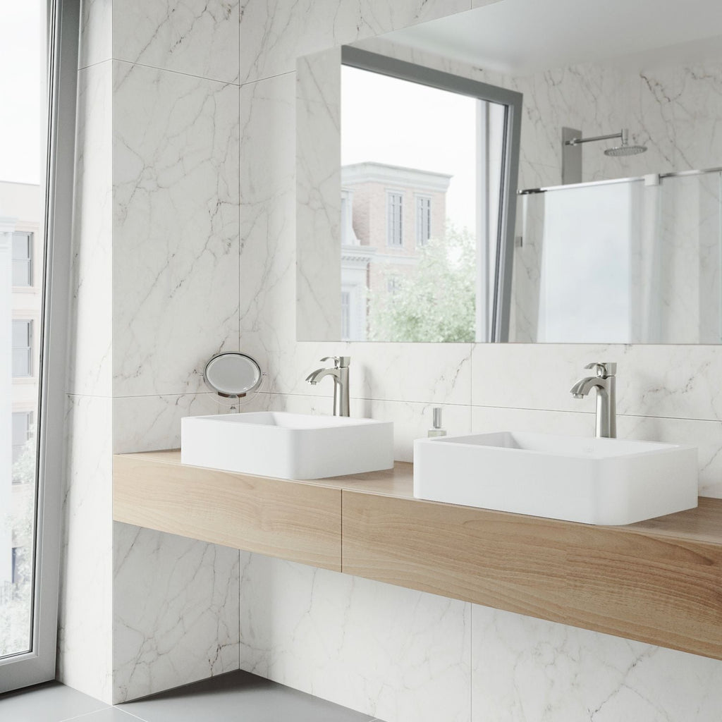 VIGO Petunia Matte Stone Rectangular Composite Vessel Bathroom Sink/Basin with Rounded Edges & Deep Bowl, White