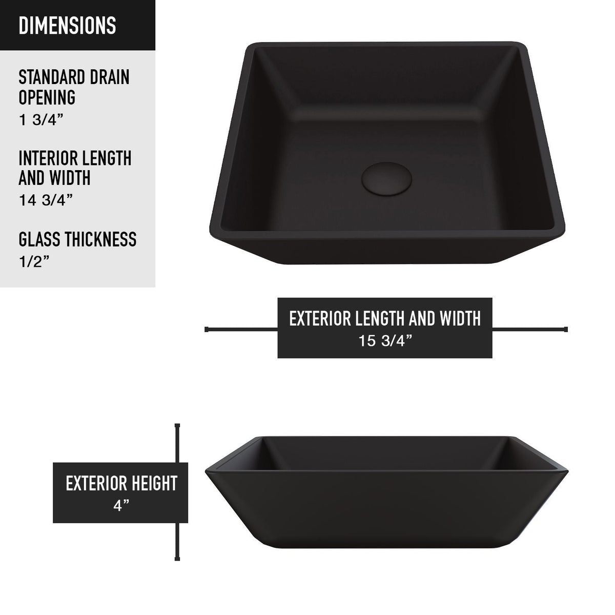 VIGO Roma Glass Square Vessel Bathroom Sink/Basin with Rounded Edges & Deep Bowl, Black
