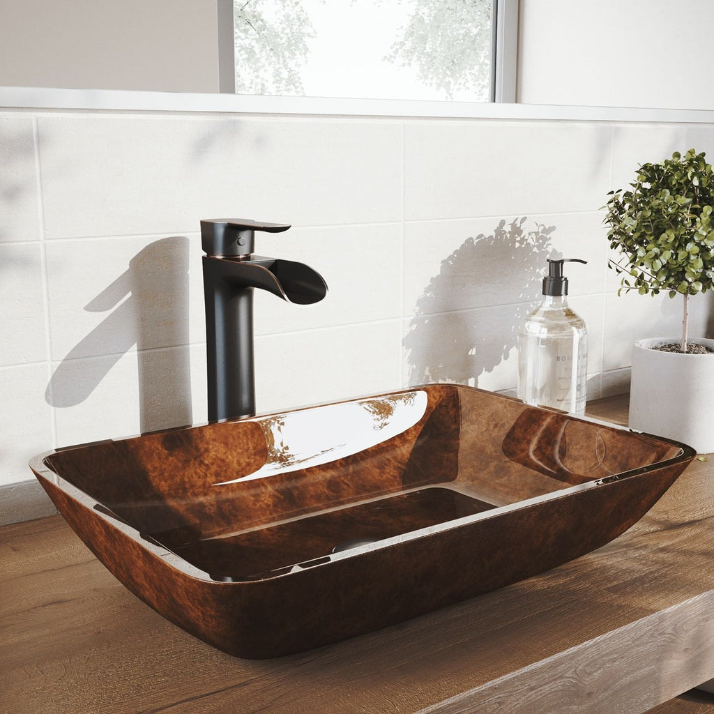 VIGO Russet Glass 18-in Red/Brown Bathroom Sink/Basin Set with Niko Faucet and Rectangular Vessel