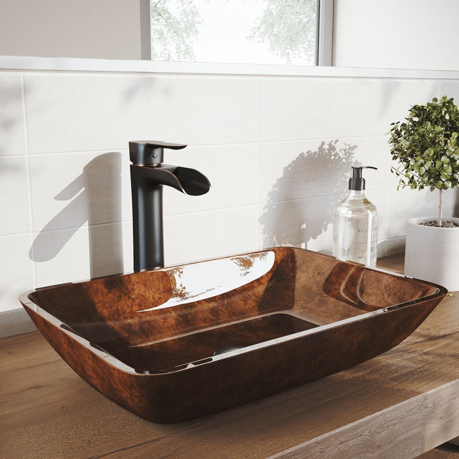 VIGO Russet Glass 18-in Red/Brown Bathroom Sink/Basin Set with Niko Faucet and Rectangular Vessel