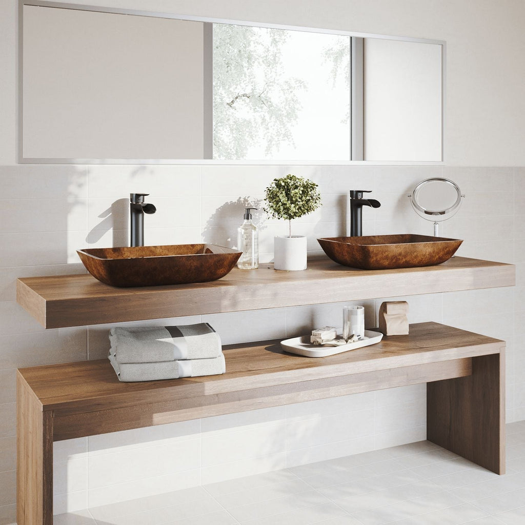VIGO Russet Glass 18-in Red/Brown Bathroom Sink/Basin Set with Niko Faucet and Rectangular Vessel