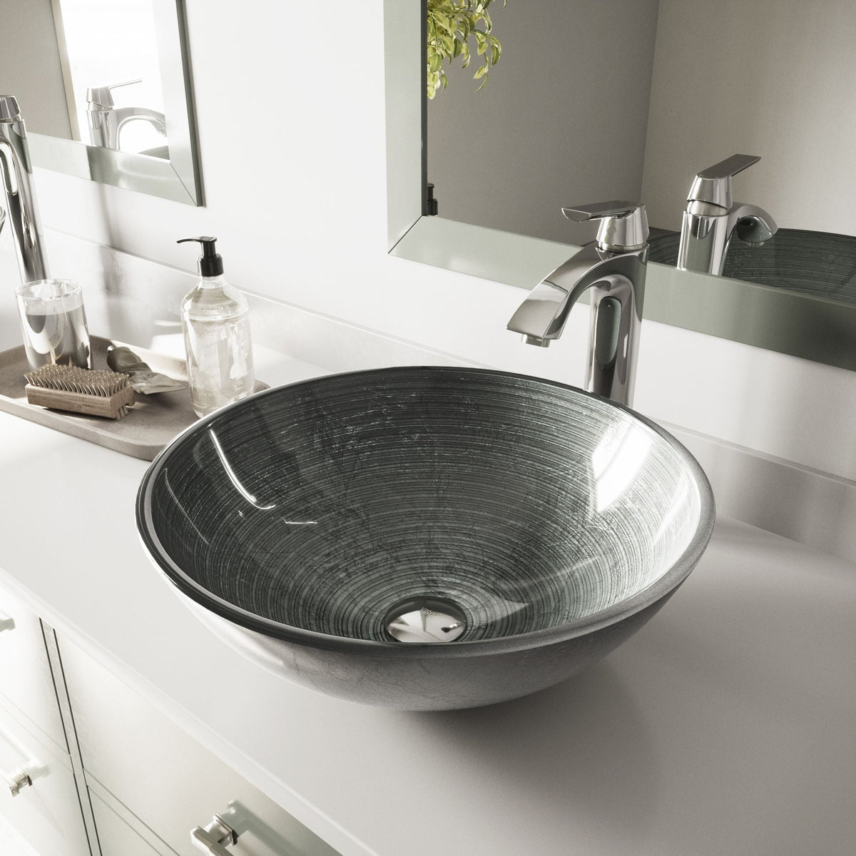 VIGO Simply Glass Round Vessel Bathroom Sink/Basin with Deep Bowl, Gray